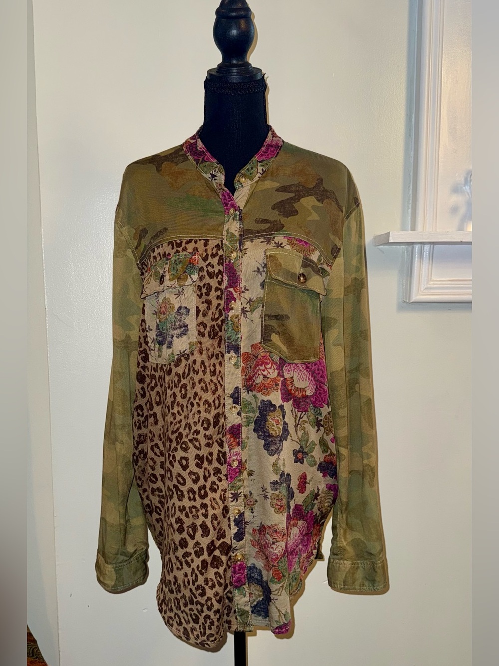 Anthropologie Pilcro Mixed-Print Button Down Shirt — Camo, Leopard & Floral